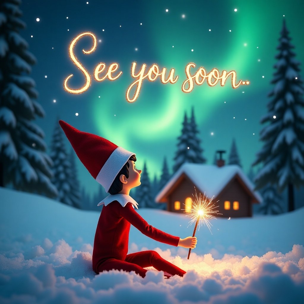 An elf on the shelf is seated on a snowy ground, with his back facing the viewer as he gazes upward. He holds a shimmering magic wand, enchanting the night sky. Above him, 'See you soon' is written in elegant, sparkling letters amidst a backdrop of vibrant northern lights. The scene is magical, embodying the essence of Christmas, with soft snow covering the landscape and a cozy cabin visible in the background. The entire atmosphere radiates warmth and festive spirit that captures the joy of the holiday season.