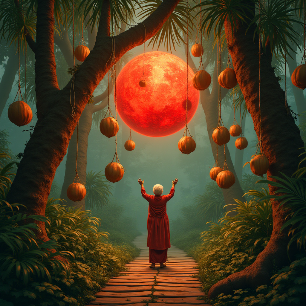 A serene forest scene with a person standing before a glowing orange-red orb amidst hanging lanterns.