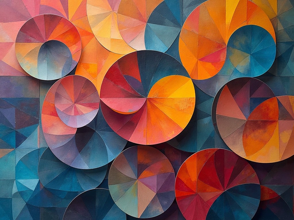 This abstract image features a vibrant array of overlapping circular forms filled with intricate geometric patterns. The rich palette of oranges, blues, and reds creates a dynamic interplay of warm and cool tones. The circular shapes add depth, casting subtle shadows that enhance the 3D effect of the design.