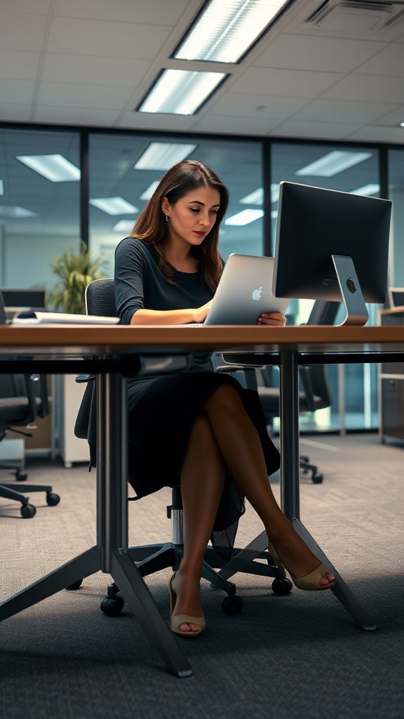 The image features a woman seated at a desk in an open-plan office, deeply engaged with a laptop. The environment is modern, with large windows allowing for ample natural light. Her attire is business casual, and the setting suggests a professional yet relaxed workspace.