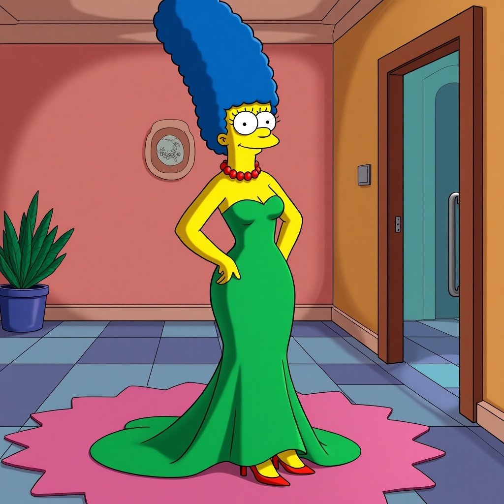 This image showcases Marge Simpson, a beloved animated character known for her unique style. She is wearing a striking green gown, paired beautifully with high heels. Her signature blue hair is styled voluminously, adding to her iconic appearance. The background illustrates the vibrant colors typical of Springfield, enhancing the lively atmosphere. Marge's pose and expression reflect her personality, making this scene ideal for discussions about fashion in animation and character design.