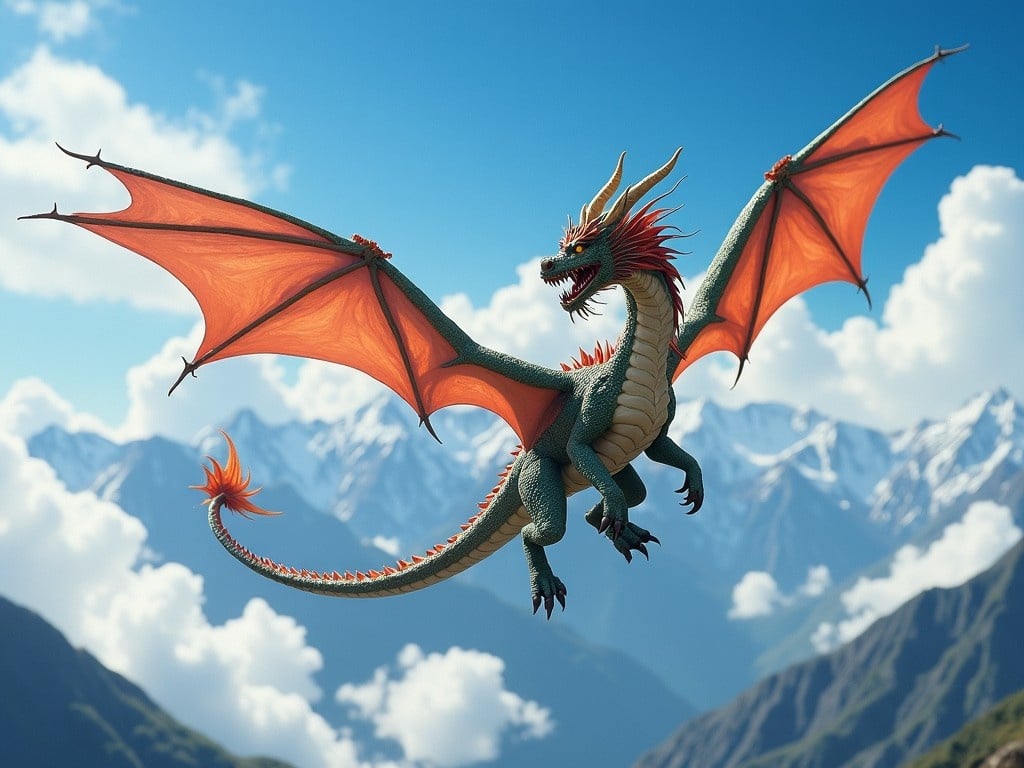 A magnificent dragon soars through a clear blue sky, its vibrant orange wings spread wide against the backdrop of majestic mountains. The creature's scales glisten in the bright sunlight, showcasing shades of green and details that highlight its fierce expression. Wispy clouds float around, adding to the ethereal feel of the scene. This dragon embodies the essence of fantasy and adventure, evoking a sense of wonder and thrill. It appears to be in a moment of energy, ready to embark on an epic journey across the land.