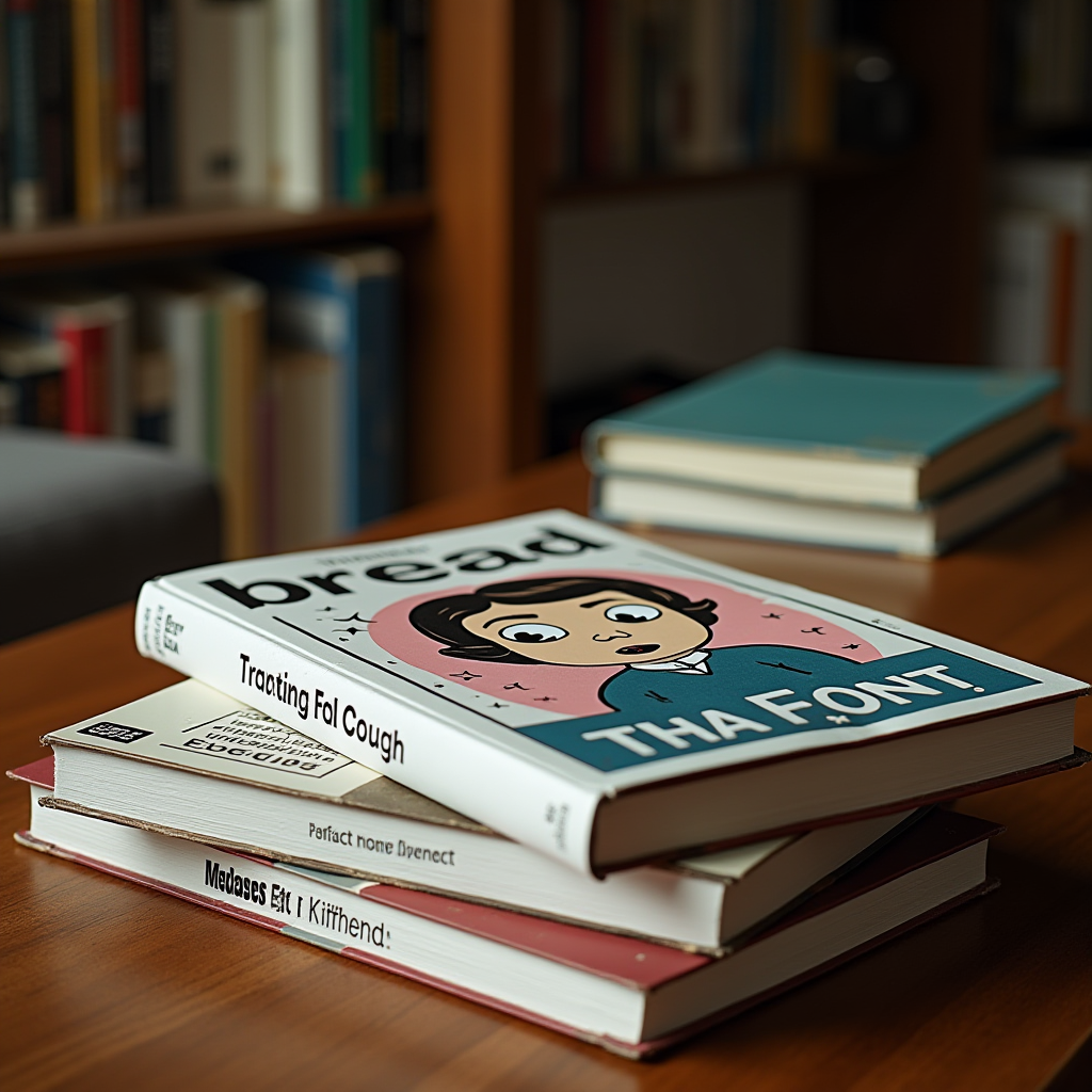 A stack of retro-styled books with whimsical covers on a wooden table.