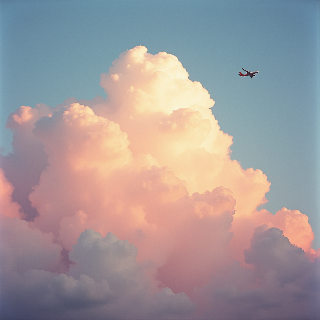 A plane flies gracefully near oversized, fluffy clouds illuminated by a warm, colorful sunset.