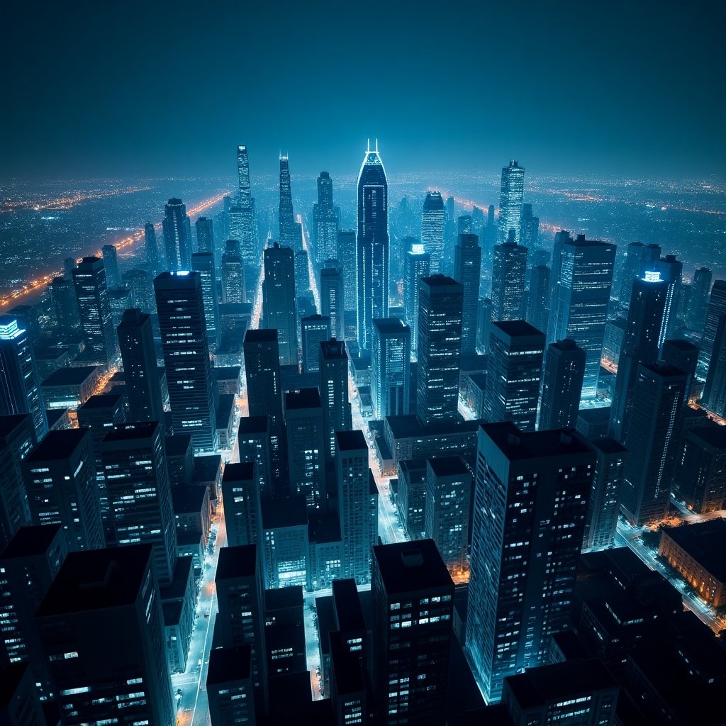 This image showcases a stunning futuristic cityscape set at night. The view is from above, displaying a myriad of towering skyscrapers that are brightly illuminated. The buildings are interconnected with glowing digital networks, creating a sense of advanced technology. The overall color scheme features deep blues and hints of gray, providing a sleek and modern feel. This urban landscape captures the essence of a vibrant and digitally advanced metropolis.