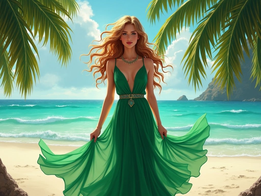 This image gracefully portrays a woman embodying Calypso from Greek mythology, drawing inspiration from Percy Jackson descriptions. Dressed in a flowing green gown, she stands confidently on a captivating beach with azure waters and sandy shores. Framed by lush palm trees, the scene radiates a tropical ambiance, enhanced by her cascading waves of hair. The vibrant hues and sunny disposition evoke a sense of magic and exploration in this mythical landscape. It captures the essence of adventure and allure, inviting the viewer into a world of fantasy.