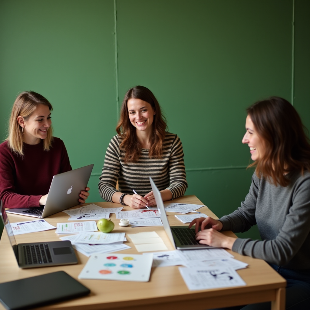 Three people engaged in a lively discussion with laptops and documents at a table.