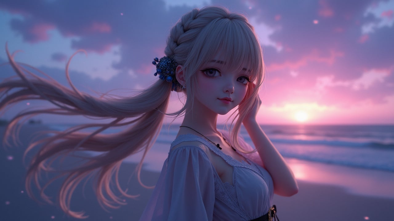 This image features an anime-style character standing by the ocean at sunset. The scene is bathed in soft pink and purple hues, reflecting a serene and peaceful evening. The character's hair flows gently in the breeze, complementing the tranquil atmosphere created by the setting sun and calm waves.