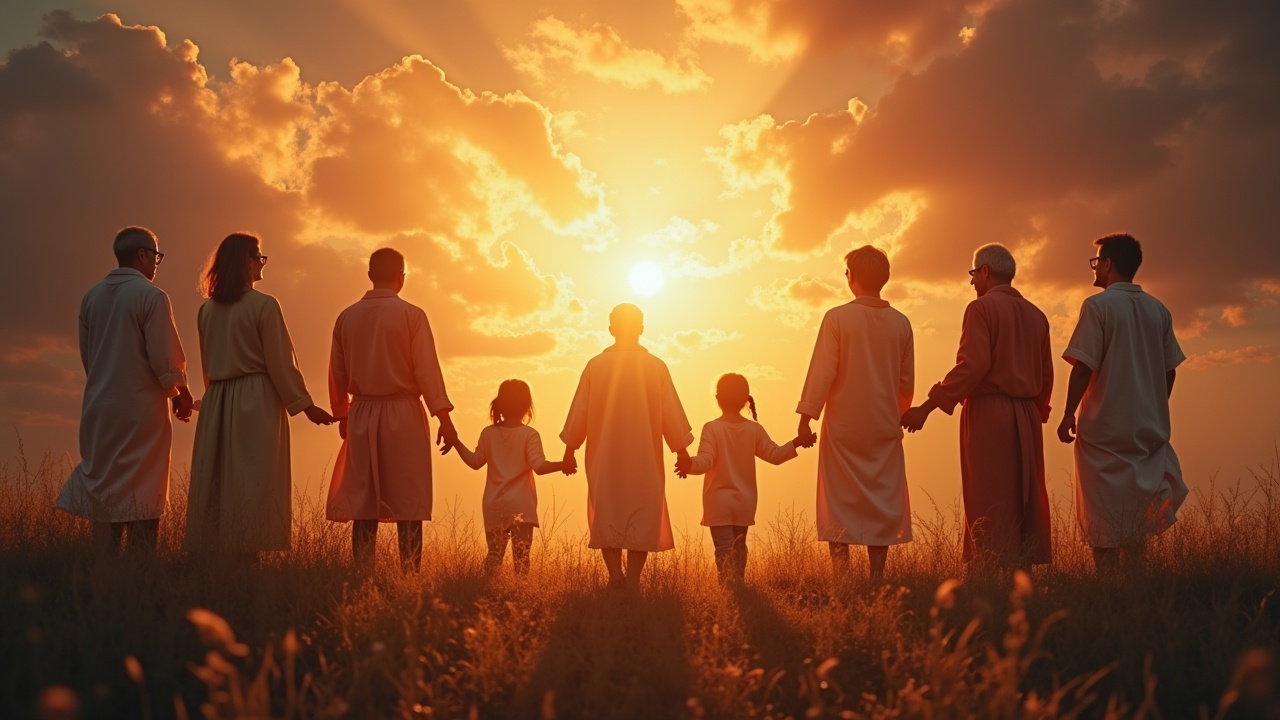 A group of people holding hands while facing a brilliant sunset, wearing long robes, suggesting themes of unity and spirituality.