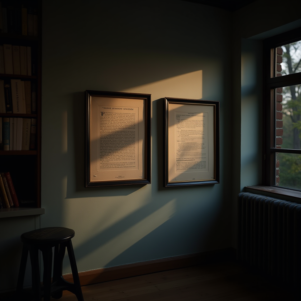 Sunlight casts an angular shadow across two framed documents on a wall in a serene room.