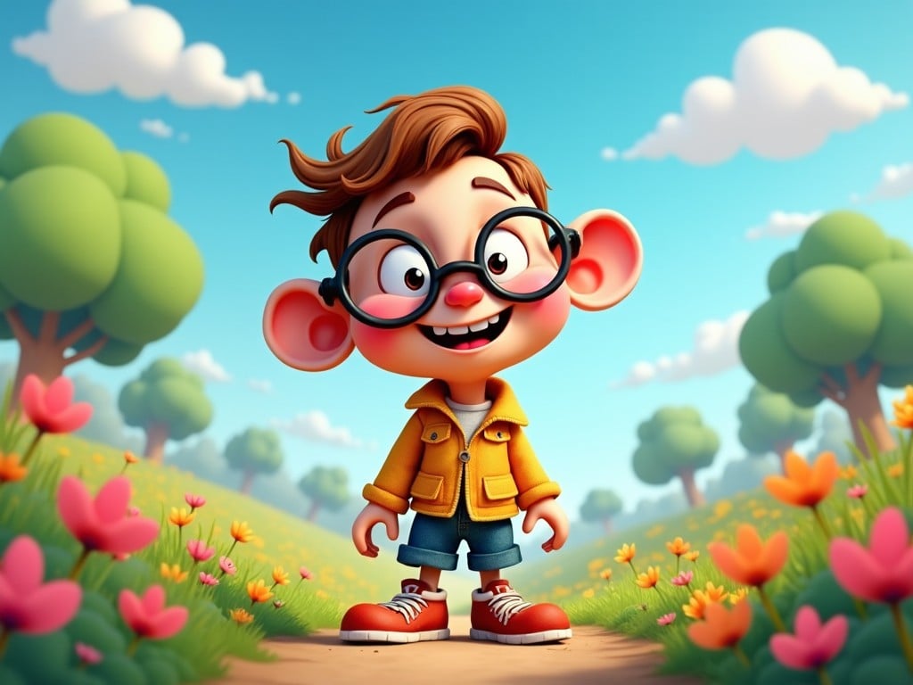 This image depicts a cheerful cartoon boy standing in a vibrant, animated landscape. He has round glasses and a big smile, exuding happiness and friendliness. He's wearing a stylish yellow jacket and shorts, perfect for a sunny day. The background is filled with colorful flowers and gentle hills under a bright blue sky. It's a fun and inviting scene, ideal for children's media or products.