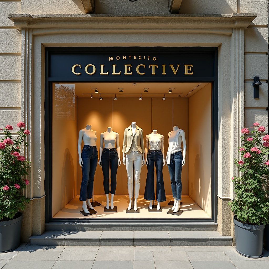 This image shows a stylish fashion store window featuring the name 'MONTECITO COLLECTIVE'. The window display includes several mannequins dressed in the LEXI MID RISE BOWED-SATELLITE denim collection for women. The store front is designed with an inviting stucco facade complemented by beautiful flowers. Bright sunlight enhances the overall appeal of the display. The scene represents contemporary fashion retail, depicting stylish, modern clothing for shoppers to admire.