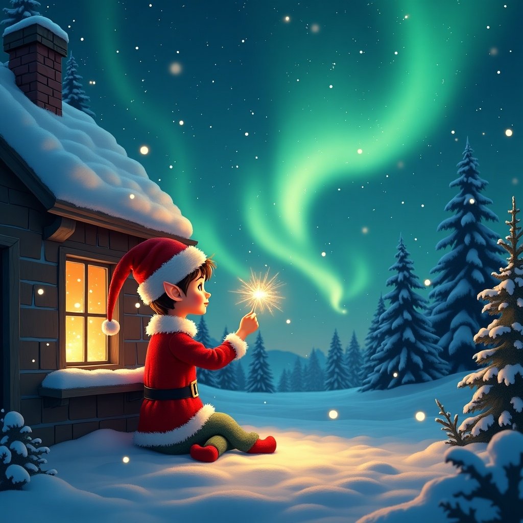 This image captures a cozy Christmas scene under the enchanting northern lights. An elf, dressed in a red Santa outfit, is sitting by a snowy cabin, holding a sparkler. The elf is writing 'Kaydence' in the sky with the sparkler, creating a whimsical and festive atmosphere. Snowflakes gently fall around, adding to the magical winter vibe. The glowing lights in the sky complement the warm glow from the cabin's window, creating a heartwarming feel for the holiday season.