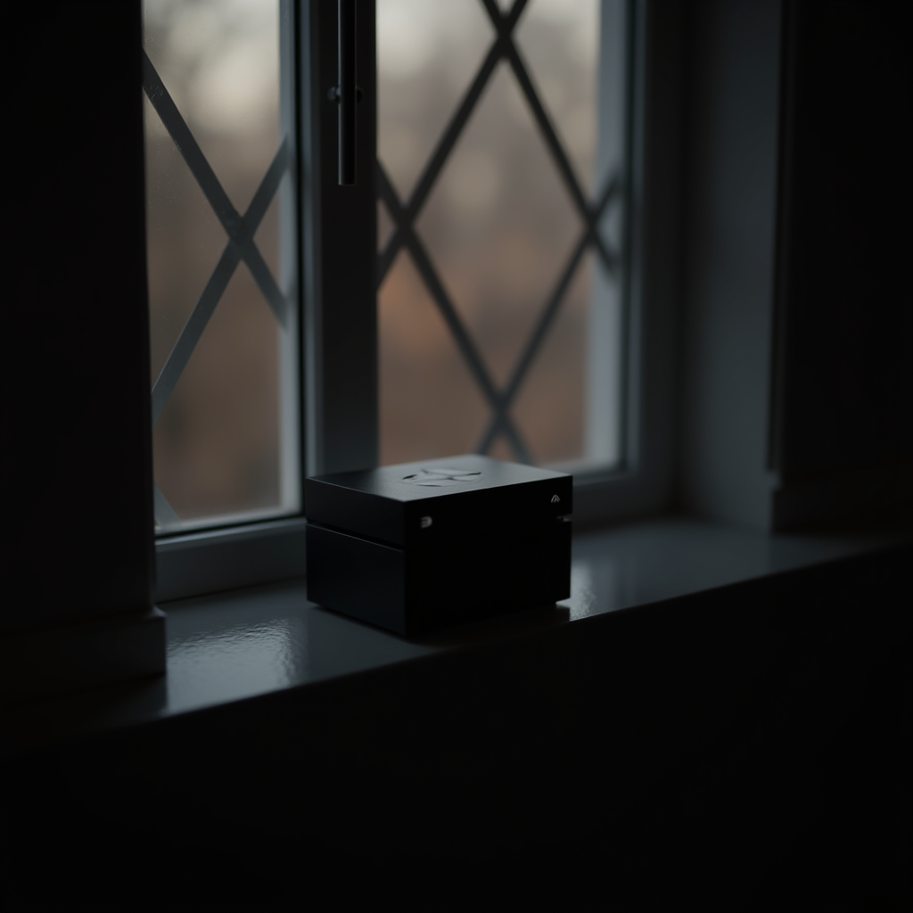 A dark box sits on a windowsill with a patterned window and a blurry outdoor view.