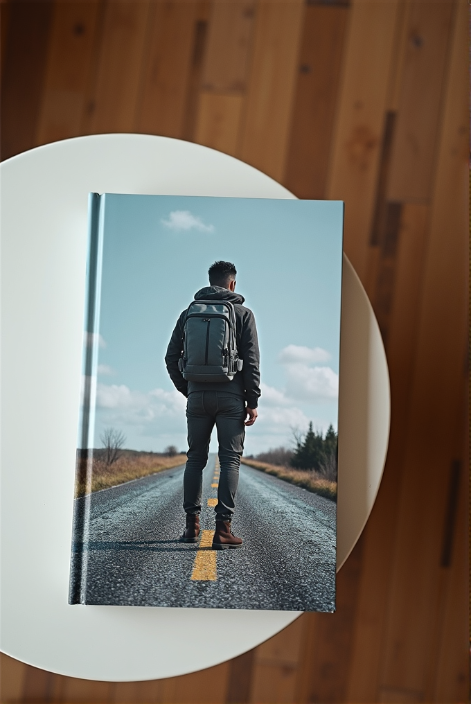 A man wearing a backpack stands on a road, heading towards the horizon.