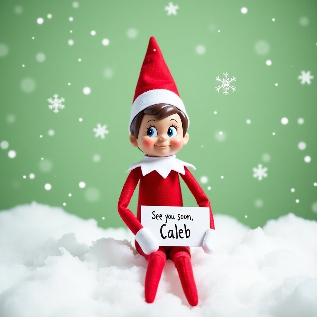 The image showcases the beloved Elf on the Shelf character, designed for festive decor. Dressed in a vibrant red outfit and pointed hat, the elf sits adorably on a soft, snowy surface. It holds a sign reading, 'See you soon, Caleb,' adding a personal touch to the festive scene. Surrounding the elf are falling snowflakes, enhancing the winter wonderland feel. The background is a soft green, creating a cheerful atmosphere. This enchanting display captures the essence of holiday cheer and anticipation for the upcoming celebrations.