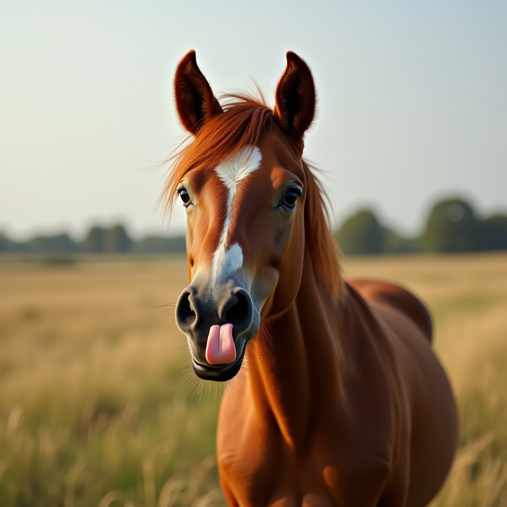 A light brown horse with a white blaze on its forehead sticks out its tongue in a grassy field, exuding a playful and endearing demeanor.