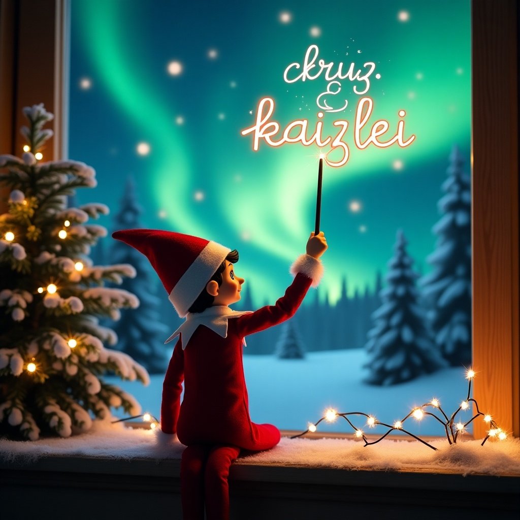 An enchanting Christmas scene featuring an elf on the shelf, who is facing the sky with his back to the viewer. The elf, dressed in red and white, wields a magic wand, writing 'kruz' and ‘kaizlei’ in a glowing script above him. The backdrop is adorned with vibrant northern lights, adding a magical ambiance. The scene is festive, portraying the spirit of Christmas with a whimsical twist. The elf's position and action create a sense of wonder and excitement that captures the joy of the holiday season.