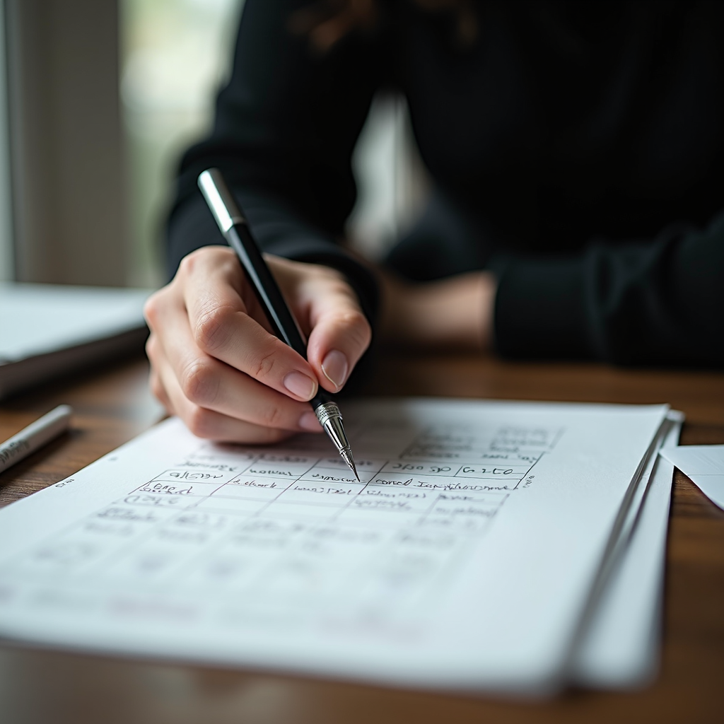 A person intently writing on a sheet filled with handwritten notes or calculations, using a black pen, at a wooden desk near a window.