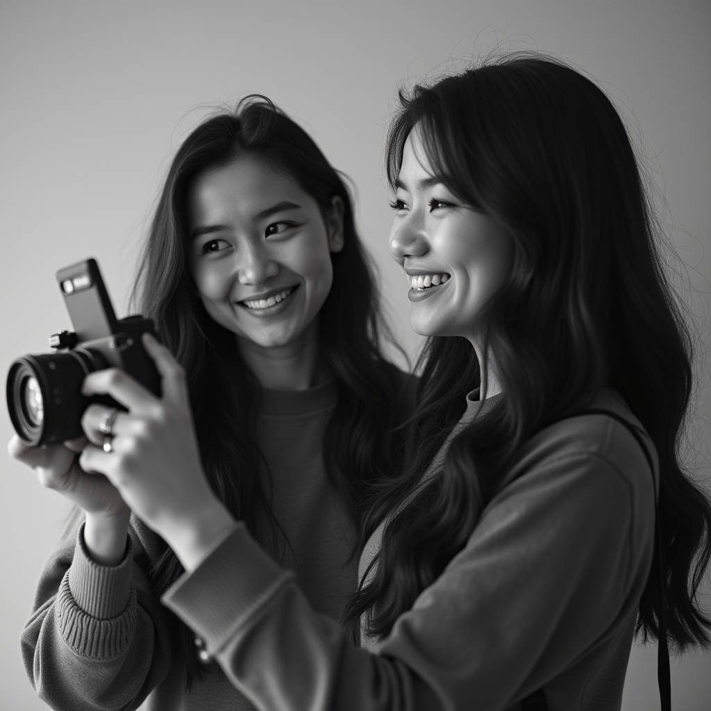 Two women are smiling and looking at a camera together.