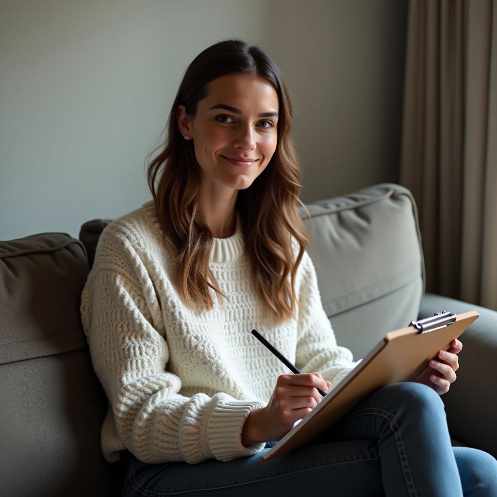 A woman in a knitted sweater smiles while sketching on a clipboard in a comfortable setting.