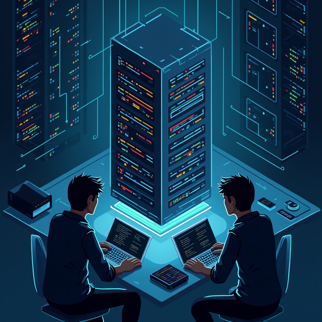 Two people working on laptops in a futuristic data center, surrounded by illuminated server panels.