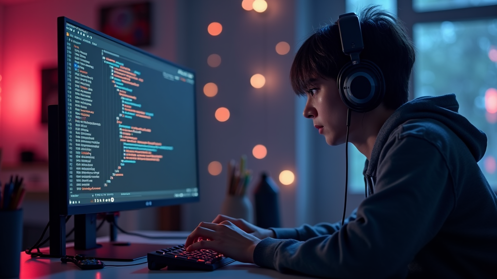 A person intently coding at a computer in a dimly lit room, wearing large headphones and surrounded by a warm, ambient glow from string lights.