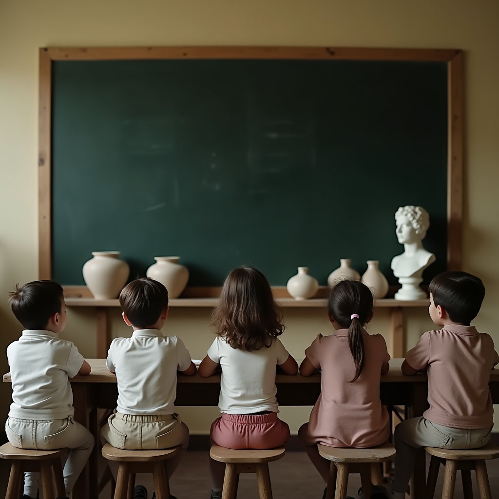 Children sit in a classroom facing a chalkboard, surrounded by sculptural busts and pottery.