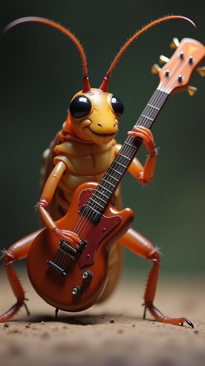 A cartoon insect, specifically a cockroach, playing an electric guitar against a blurred outdoor background.