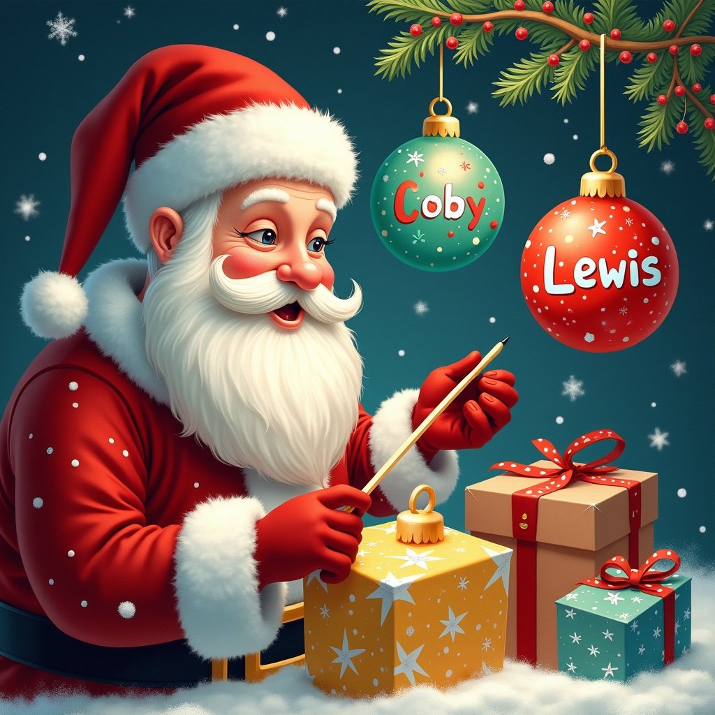 In this festive scene, Santa Claus is joyfully preparing for Christmas. He is holding a pencil and looking at colorful ornaments hanging from a branch. The ornaments are labeled with names: 'Coby', 'Lewis', 'Kelsi', 'Jazmine', and 'Lottie'. There are beautifully wrapped presents in bright colors around him, creating a cheerful atmosphere. The background is a soft blue with gentle snowfall, enhancing the magical feel of the holiday season.