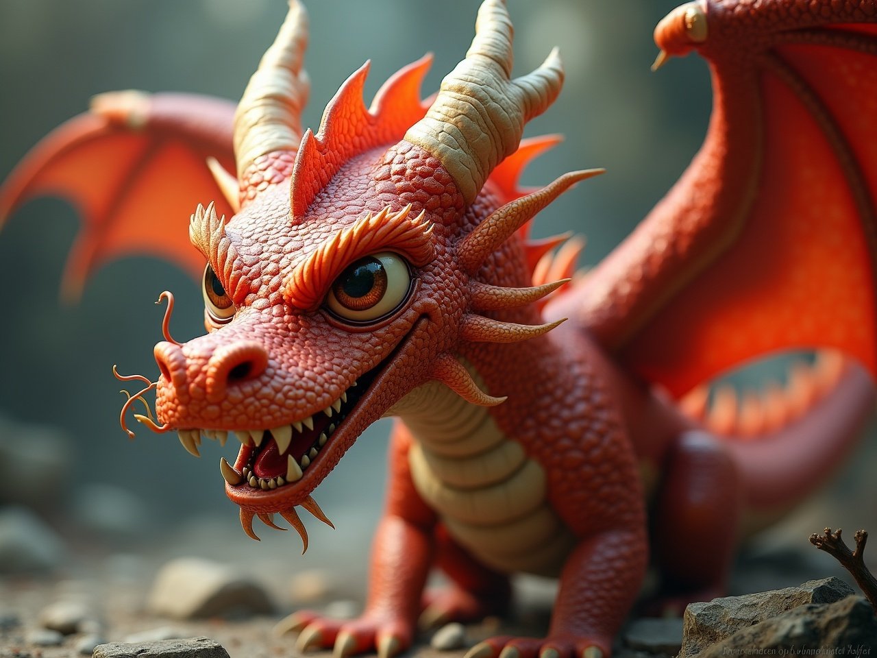 A close-up of a vibrant, red dragon with large eyes and intricate scales.