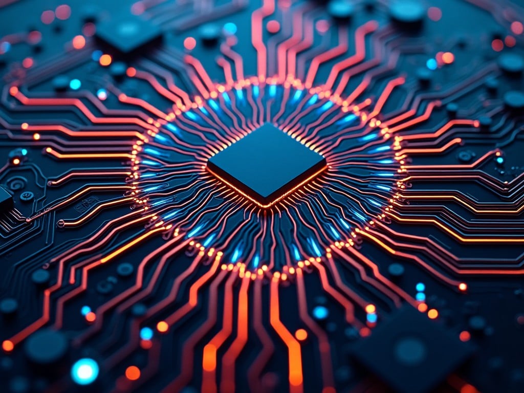 This image showcases a top view of a glowing circuit board. At the center, there is a microchip with interconnected pathways radiating outward. The design features vibrant orange and blue lights. These colors contrast sharply against the dark background, highlighting the intricate details of the circuitry. This modern artwork represents technology and innovation in the electronics field.