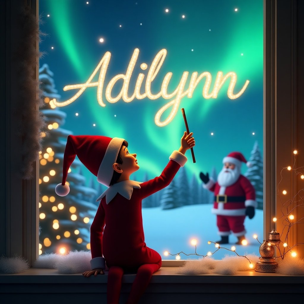 The image shows an elf on the shelf with his back to the viewer, gazing up towards the sky. Using a magic wand, the elf is writing the name 'Adilynn' in sparkling letters in the air. The background is enchanting, featuring the stunning northern lights with Santa Claus in the distance. Warm holiday lights illuminate the scene, enhancing the magical atmosphere. The elf's pose conveys excitement and wonder as he participates in this whimsical moment.