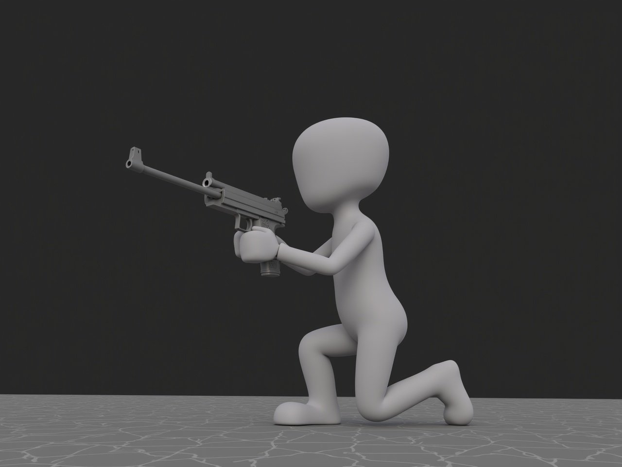 The image features a gray, cartoon-like mannequin in a kneeling position. It holds a gun in both hands, pointing it forward. The mannequin's body is simplified, lacking intricate details. The background is plain and dark, which enhances the focus on the figure. The floor has a grid pattern, suggesting an environment for modeling or animation. The pose conveys a sense of action or readiness.