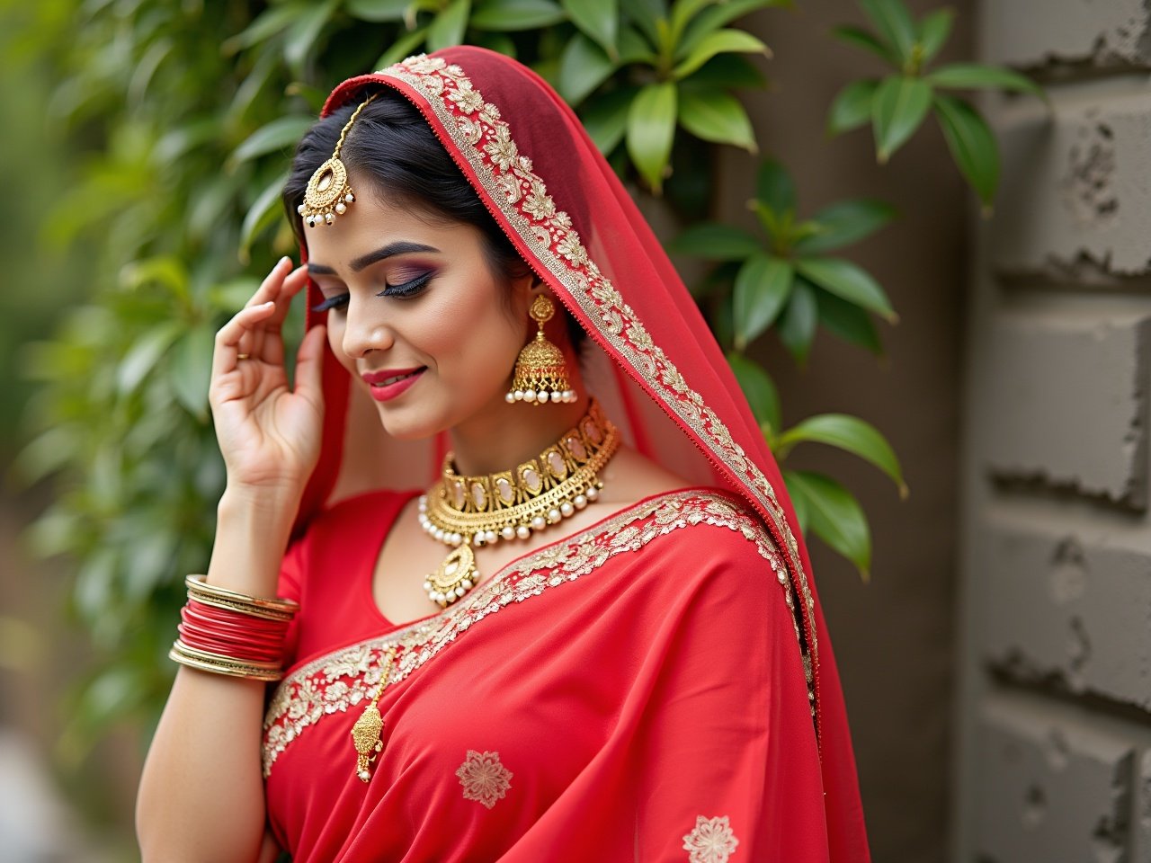 This image features an Indian woman adorned in a vibrant red saree, embodying traditional elegance. She wears intricate gold jewelry, including a necklace and earrings, which accentuate her graceful appearance. The saree is beautifully embellished, adding to the overall richness of her look. Her makeup is subtle yet enhances her features, particularly her eyes. She is posed against a backdrop of lush greenery, creating a striking contrast to her attire.