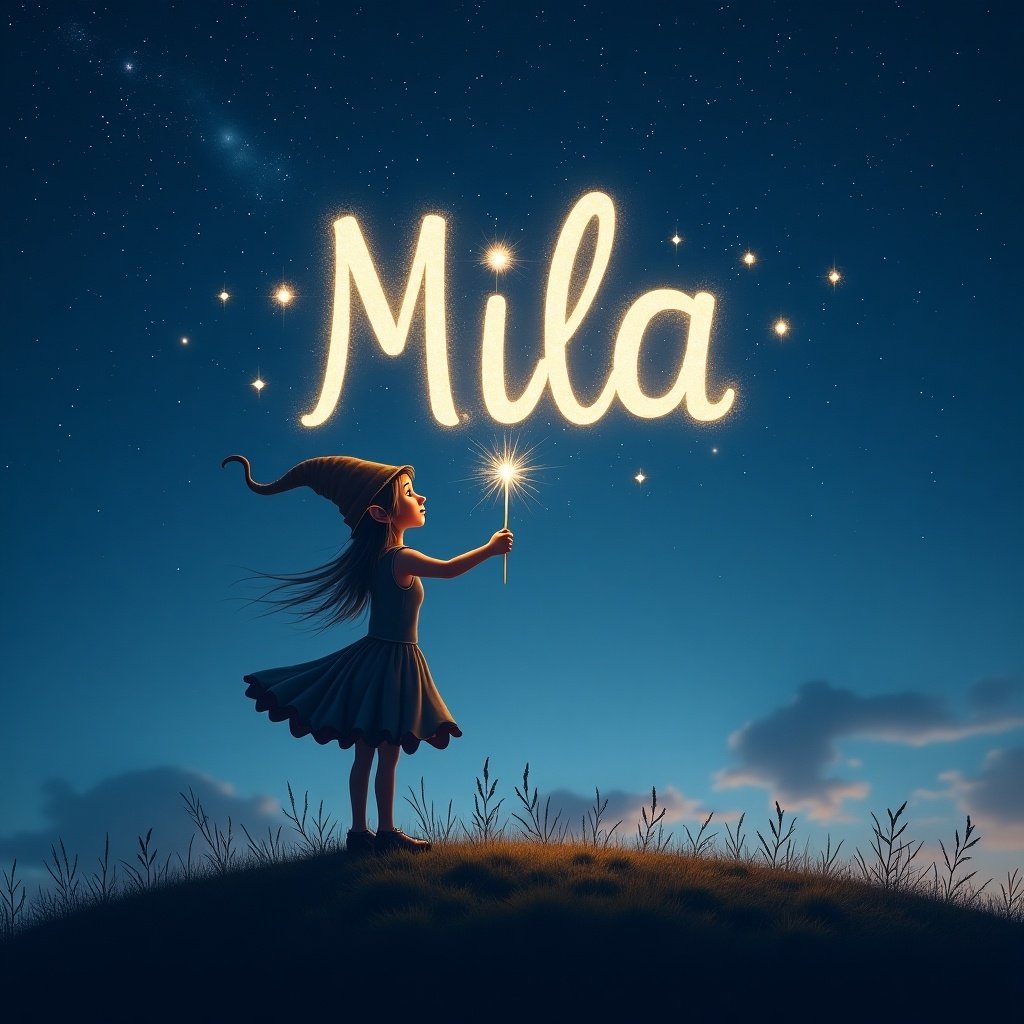 A whimsical scene featuring an elf-like figure standing on a hill under a starry sky. The elf is gracefully writing the name 'Mila' in glowing light above. Soft twilight hues illuminate the landscape as the elf holds a sparkling wand. This enchanting setting evokes a sense of wonder and creativity. The night sky provides a stunning backdrop to the whimsical scene, enhancing the magical atmosphere. The elf elegantly writes the name 'Mila' in the starry sky.