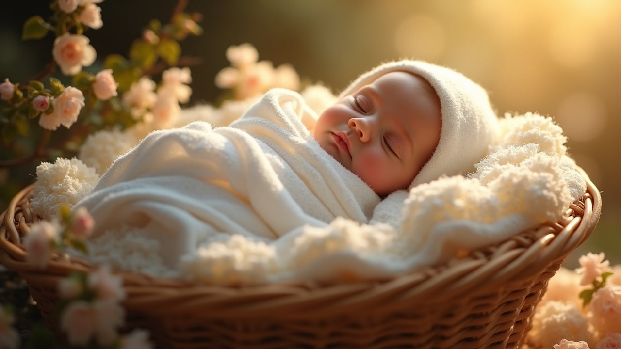 A serene image depicting a baby peacefully sleeping in a wicker basket surrounded by flowers. The baby, wrapped in a soft white blanket, exudes tranquility. The warm, golden sunlight adds a gentle glow, enhancing the tender and peaceful atmosphere of the scene.