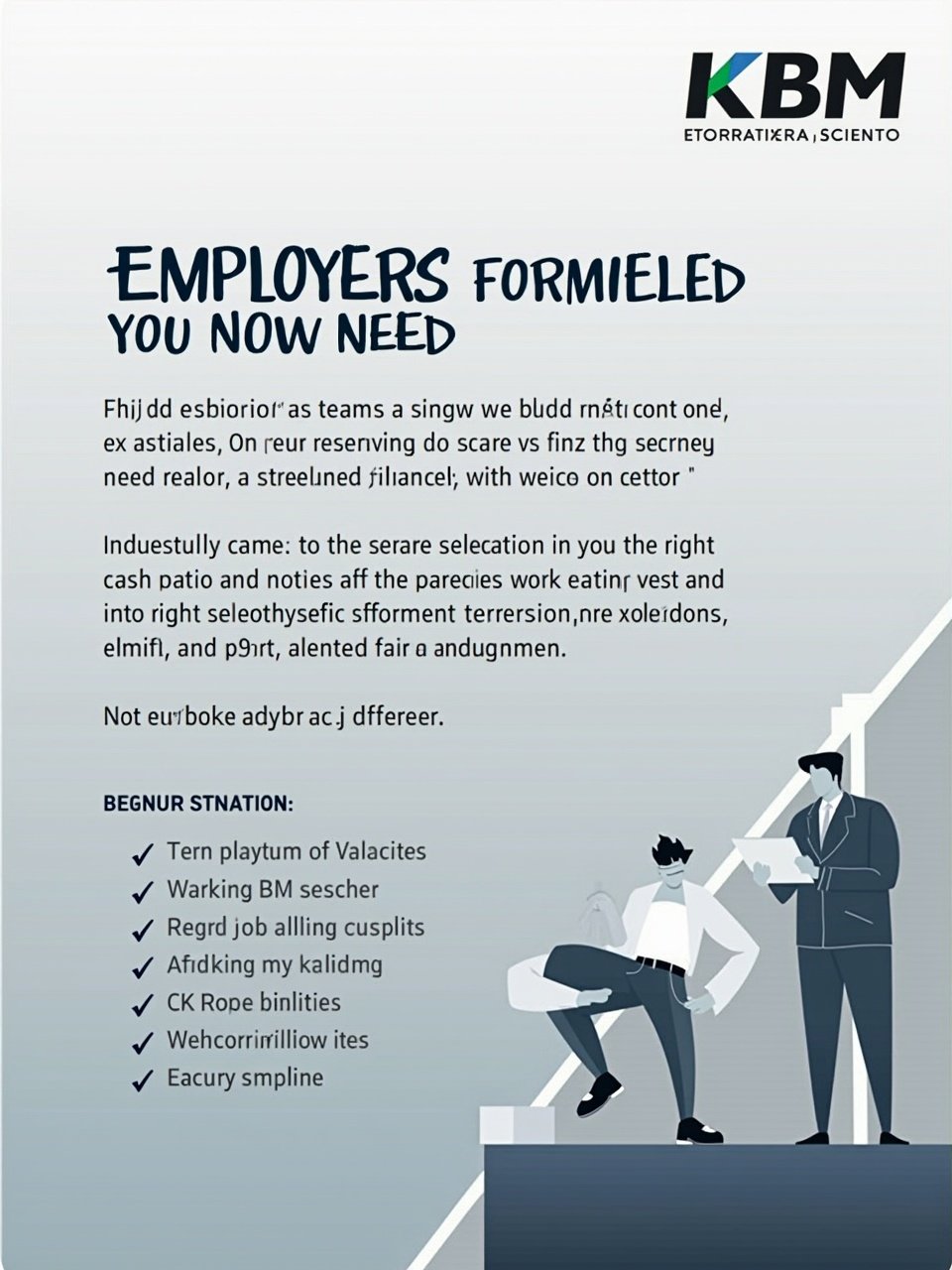 This is an image of an informational poster about employer needs with an illustration of two business people on a step, with surreal or nonsensical text, and featuring design elements in various shades of blue and gray.