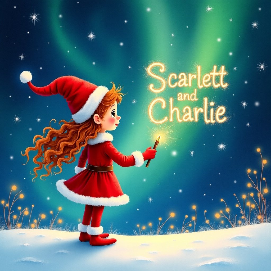 This image captures an enchanting watercolor Christmas scene. In the foreground, a five-year-old redhead girl with long curly hair styled in two side buns stands happily. She is dressed in a festive red outfit and is holding a magic wand, writing the names 'Scarlett' and 'Charlie' in sparkling letters in the dark sky. In the background, vibrant northern lights create a magical ambiance, enhancing the festive spirit. The snowy ground below adds to the serene holiday feel, while the elf on the shelf, seen from the back, faces the beautiful display above. The scene embodies the joy and wonder of the Christmas season, making it a perfect illustration for holiday-themed storytelling.