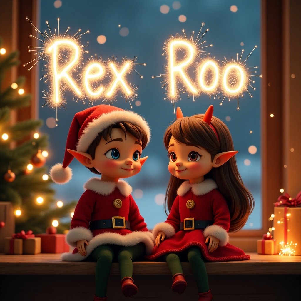 This image features a joyful Christmas scene with two pixie elves, a twin boy and girl sitting together. They both wear charming red outfits and festive accessories, embodying the spirit of the holiday season. The boy has brown hair and blue eyes, while the girl has long brown hair with playful horns, symbolizing her elf nature. In the background, sparklers illuminate the night sky, spelling out the names Rex and Roo. The setting is cozy with a Christmas tree adorned with lights and decorations, and a window revealing falling snow outside. The overall mood is warm and magical, celebrating the joy of the festive season.