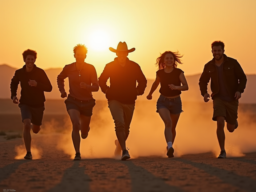 A group of five people running towards the camera on a dusty path with the sun setting in the background.