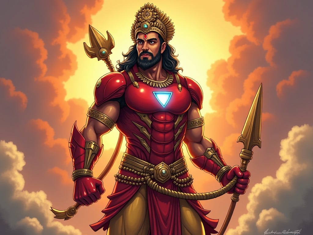 An illustration depicting a mythical warrior wearing a modern, armored suit with historical influences, holding a shining spear, and standing against a dramatic sunrise.