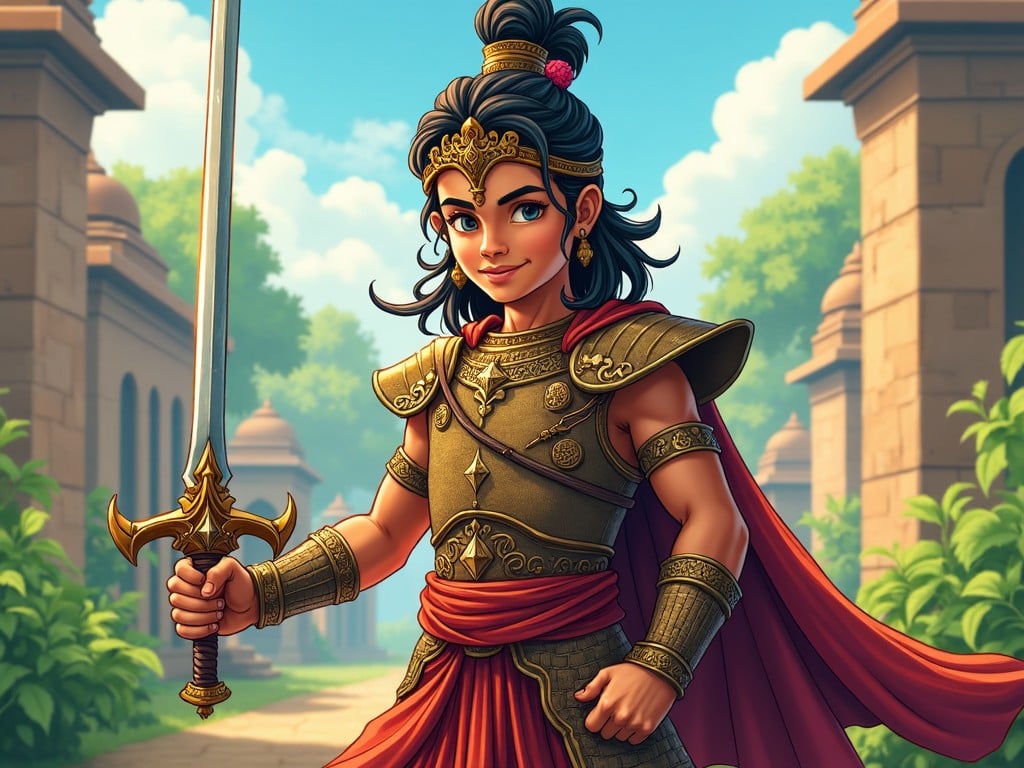 A young warrior in ornate armor holding a sword, set in an ancient kingdom with lush greenery and classical architecture.