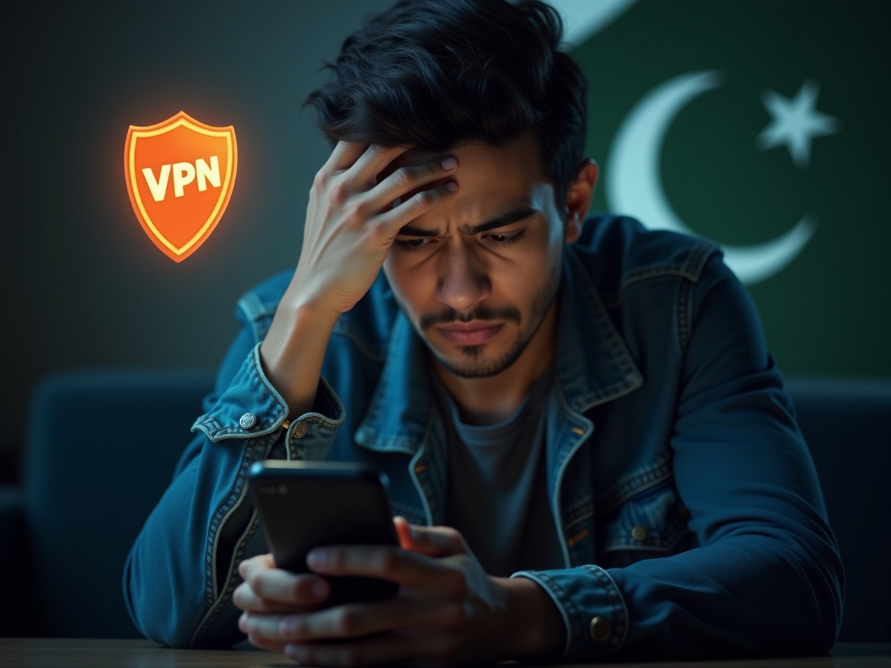 Create a realistic digital image of a young man in distress, holding a smartphone, with a worried expression. He looks down at the phone screen, with his hand on his forehead, showing frustration. The man is clad in a denim jacket over a dark shirt and is in a dimly lit environment. The background is blurred to focus on him. A glowing 'VPN' shield icon floats beside the phone, symbolizing security. A large Pakistani flag is subtly in the background, hinting at the national context. The overall mood is tense, emphasizing his frustration with a digital security issue.