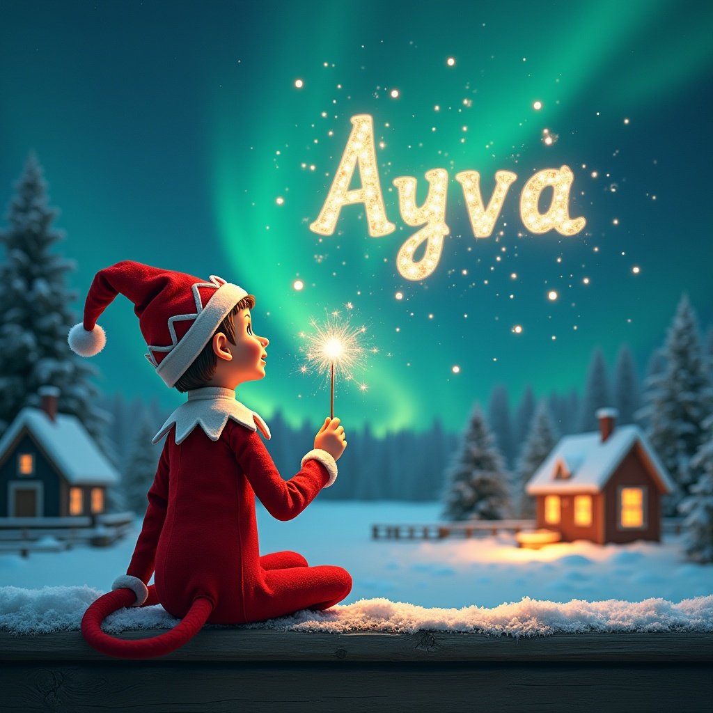 An elf sits on a wooden ledge with its back to the camera, gazing at a magical sky. The elf, dressed in a red outfit with a pointed hat, holds a sparkling wand. In the background, there's a snowy landscape featuring charming little houses and evergreen trees. The Northern Lights shimmer in vibrant colors. This whimsical scene captures the essence of childhood magic and Christmas cheer. The elf elegantly writes the name 'Ayva' in the air with the wand.