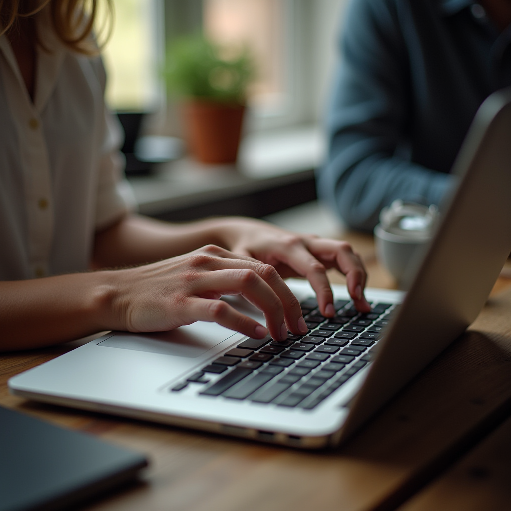 A person types on a laptop in a bright, cozy workspace with a potted plant and a cup of coffee nearby.