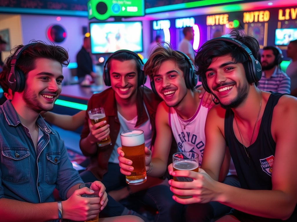 Four friends wearing headphones enjoy drinks at a lively silent disco bar.