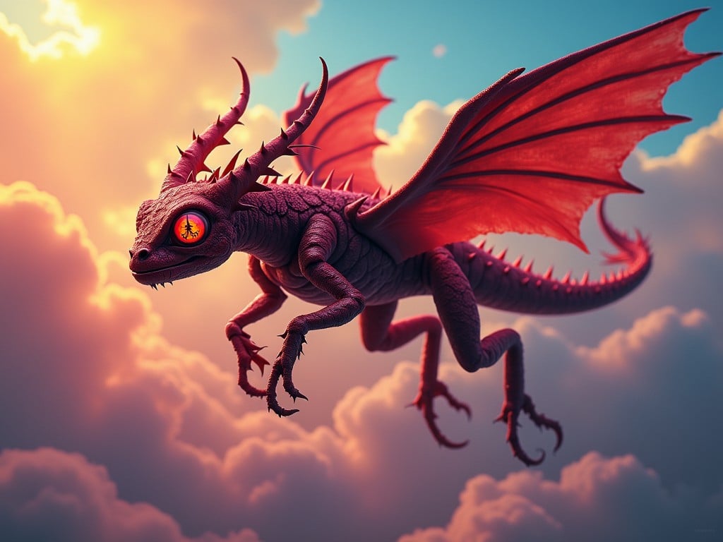 A fantastical, vibrant depiction of a small dragon gliding through a sky layered with fluffy, glowing clouds. The dragon, highlighted by the warm hues of an ethereal sunset, features a surreal, eye-catching design with bright orange scales and striking, translucent red wings. Its luminous, hypnotic eyes add an element of mystique to the scene.