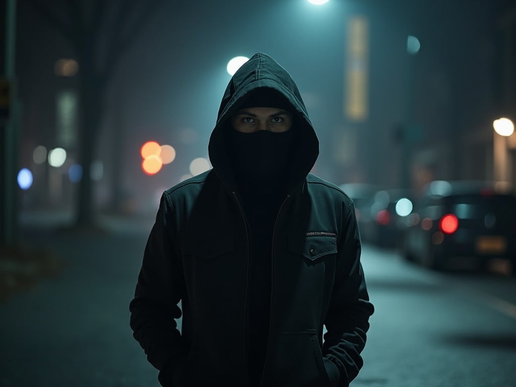 A person wearing a mask and hood stands on a city street at night. The atmosphere is shrouded in a blue-tinted fog, enhancing the mystery of the scene. Streetlights cast a soft glow, illuminating the area around the figure. The person is central to the image, creating a strong focal point. The surrounding cityscape is blurred, hinting at the urban environment without distracting from the subject.