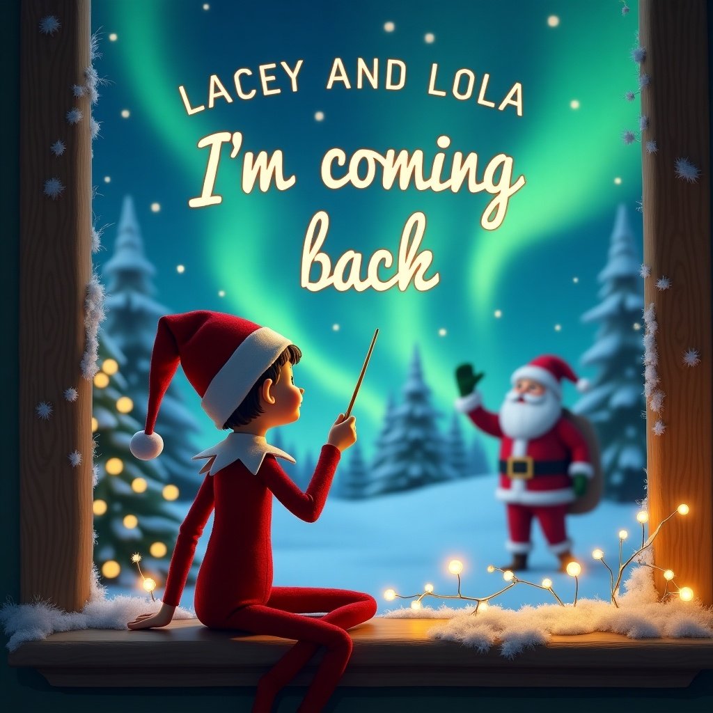 The image features an elf on the shelf, depicted with his back to the viewer, gazing at a beautiful night sky filled with northern lights. He is using a magical wand to write 'Lacey and Lola, I'm coming back' in the air. The background showcases a magical Christmas scene with snow-covered trees and a cheerful Santa waving. Soft, glowing Christmas lights embellish the window frame, adding to the warm and festive atmosphere. This illustration captures the spirit of anticipation and magic associated with the holiday season.